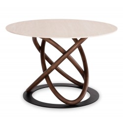 Στρογγυλό Τραπέζι Δείπνου με Ξύλινη Βάση και Κεραμική Μπεζ Πλάκα