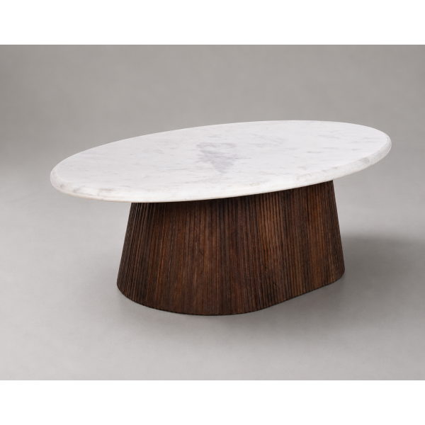 Οβάλ Coffee Table  με Λευκό Μάρμαρο και Ξύλο Μάνγκο