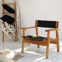 Πολυθρόνα από Ξύλο Teak με Μαύρο Δέρμα Πολυθρόνα από Ξύλο Teak με Μαύρο Δέρμα