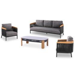 Γκρι Kαθιστικό Aλουμινίου με Ξύλο Teak και Σχοινί set 4 Tεμαχίων