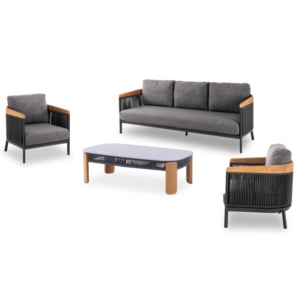 Γκρι Kαθιστικό Aλουμινίου με Ξύλο Teak και Σχοινί set 4 Tεμαχίων