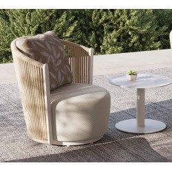 Κρεμ Περιστρεφόμενη Πολυθρόνα Αλουμινίου με Σχοινί και Μπεζ Μαξιλάρια