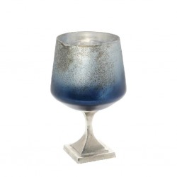 BLUE GLASS VASE METAL BASE