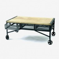 Coffee table με σιδερένιες ρόδες  3 συρτάρια  και επιφάνεια ξύλου